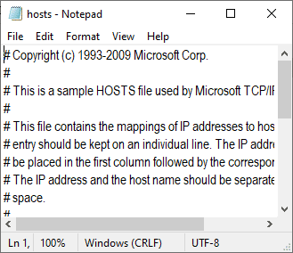 ไฟล์โฮสต์จะเปิดขึ้นใน Notepad Fix League เราได้คืนค่าการติดตั้งนี้ใน Windows 10