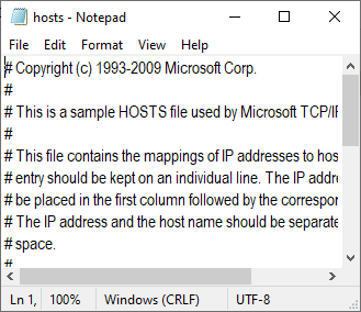 hosts ファイルがメモ帳で開かれます。 Windows 10でこのインストールを復元した修正リーグ