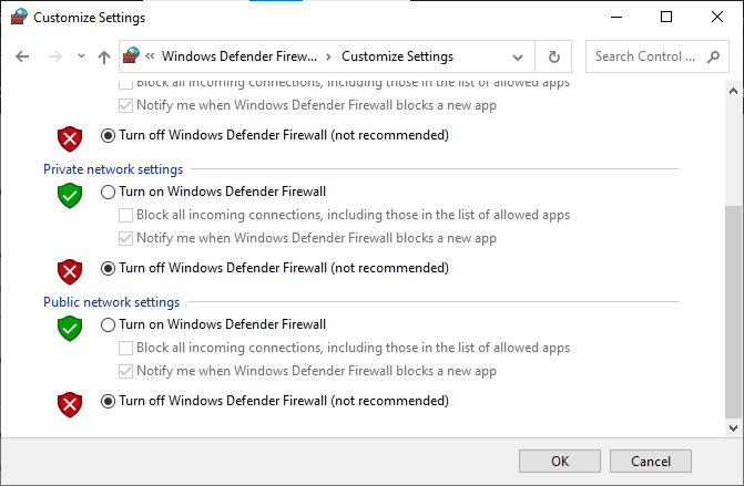 tavsiye edilmeyen Windows Defender Güvenlik Duvarı'nı kapatın. Fix League Bu Kurulumu Windows 10'da Geri Yükledik