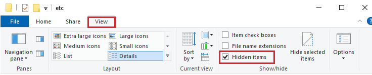 보기 탭으로 전환하고 숨기기 표시 섹션에서 숨겨진 항목 상자를 선택합니다. 리그 수정 Windows 10에서 이 설치를 복원했습니다.