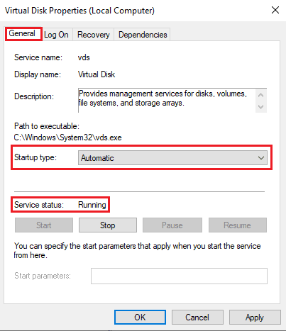 en la pestaña General, seleccione el tipo de inicio como Automático y asegúrese de que el estado del servicio sea En ejecución
