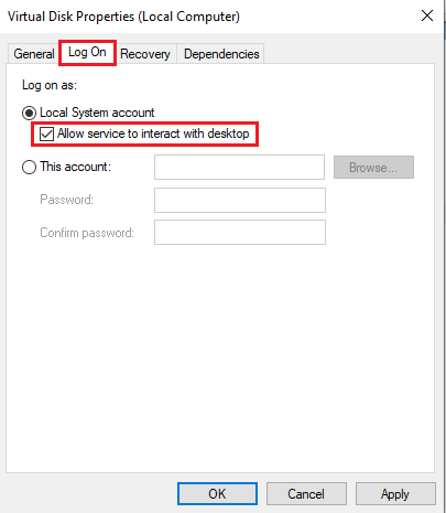 ไปที่แท็บ Log On และเลือก boc ที่ Allow service เพื่อโต้ตอบกับเดสก์ท็อป แก้ไขรหัสข้อผิดพลาด 490 01010004 ใน Windows 10