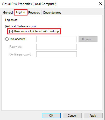 navegue até a guia Logon e marque o boc em Permitir que o serviço interaja com a área de trabalho. Corrigir o código de erro 490 01010004 no Windows 10