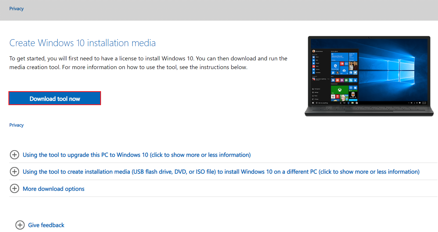 indirme sayfasında Windows Media oluşturma aracını indirmek için Şimdi İndir'e tıklayın