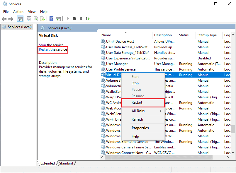 คลิกขวาที่ Virtual Disk แล้วคลิก Restart ค้นหา เริ่มบริการใหม่