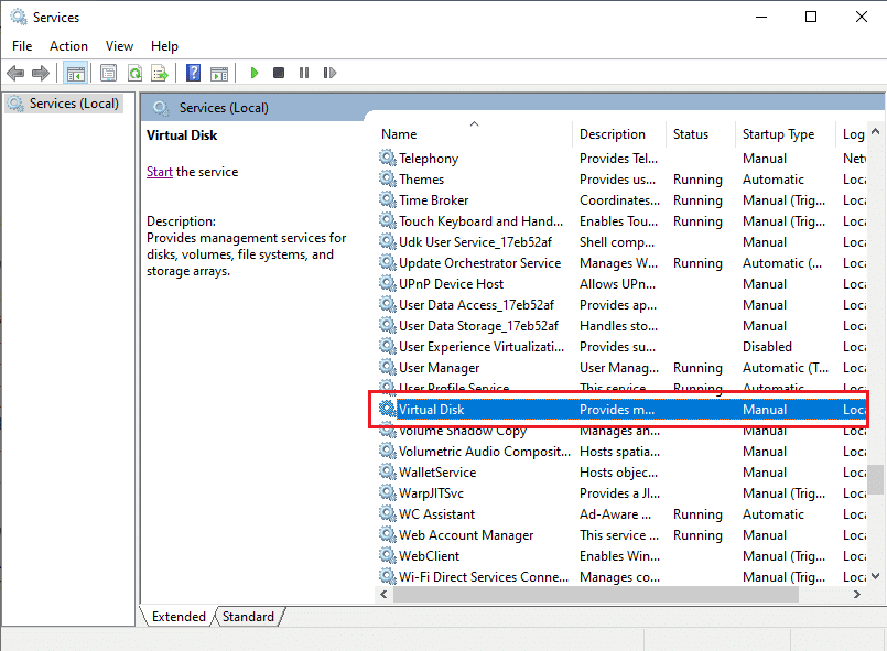 En la ventana Servicios, localice Disco virtual