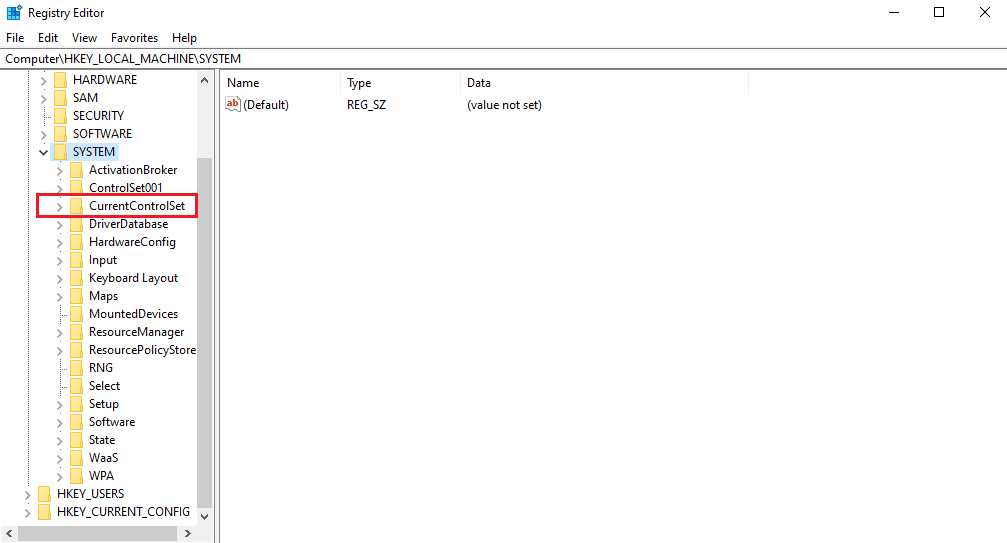 CurrentControlSet フォルダーに移動してクリックします。