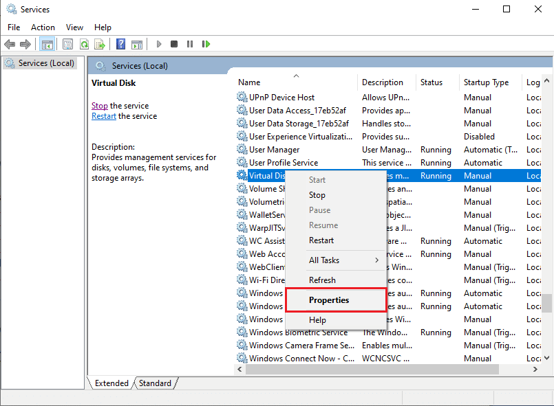 haga clic derecho en Disco virtual y haga clic en Propiedades. Solucionar el código de error 490 01010004 en Windows 10