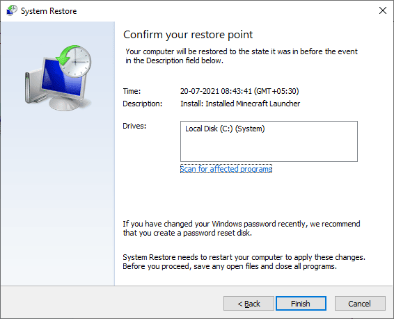 قم بتأكيد نقطة الاستعادة بالنقر فوق الزر "إنهاء". إصلاح رمز خطأ مزود vds 490 01010004 في نظام التشغيل Windows 10