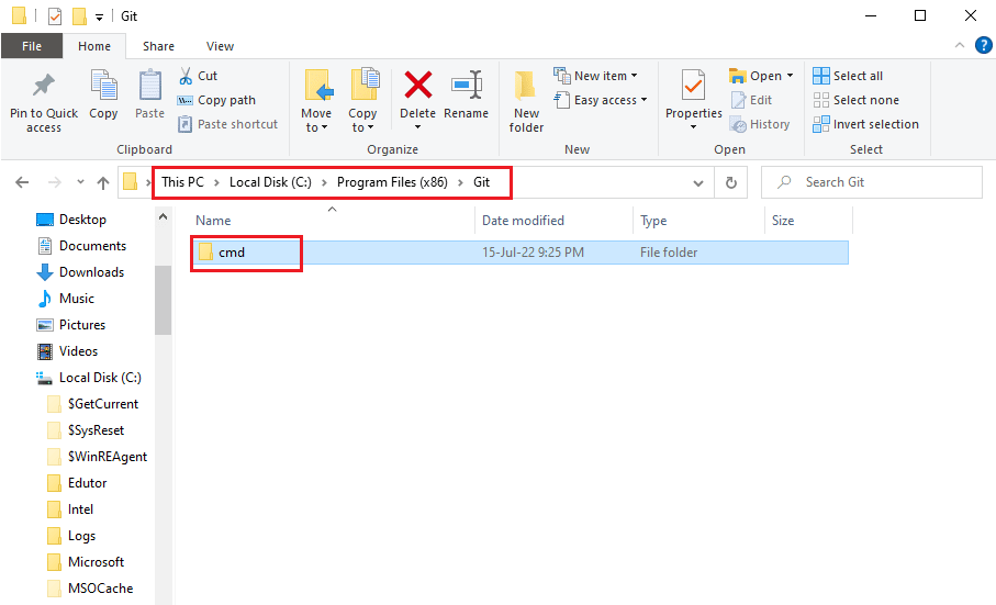 เปิด File Explorer และไปที่โฟลเดอร์ cmd แก้ไข git ไม่รู้จักว่าเป็นคำสั่งภายในหรือภายนอก