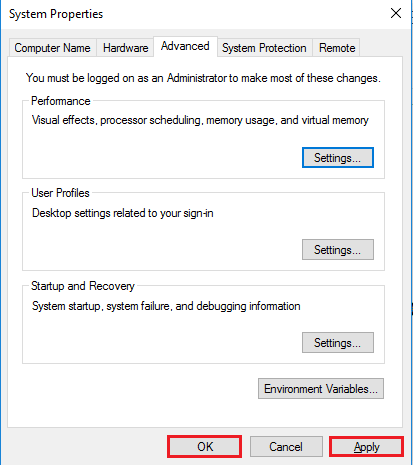 Haga clic en los botones Aplicar y Aceptar en la ventana Propiedades del sistema. Fix git no se reconoce como un comando interno o externo