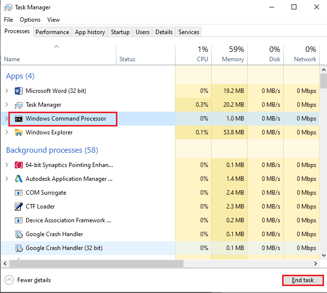 Seleccione la aplicación Windows Command Processor en la sección Aplicaciones y haga clic en el botón Finalizar tarea