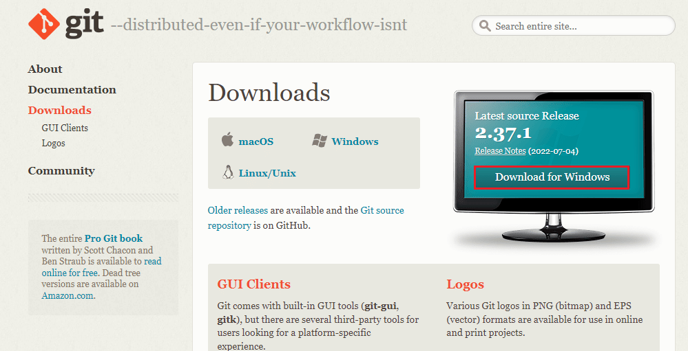 Git Downloads의 공식 웹사이트를 열고 다운로드를 클릭합니다.