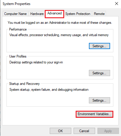 Advanced タブに移動し、Experimental Variables… ボタンをクリックします。