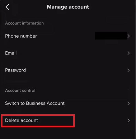 Toque la opción Eliminar cuenta de la lista de opciones dada | Cómo eliminar una cuenta de TikTok prohibida