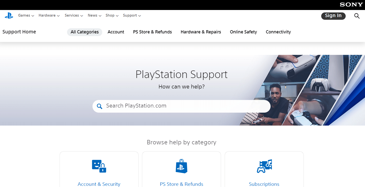 Веб-сайт поддержки Playstation