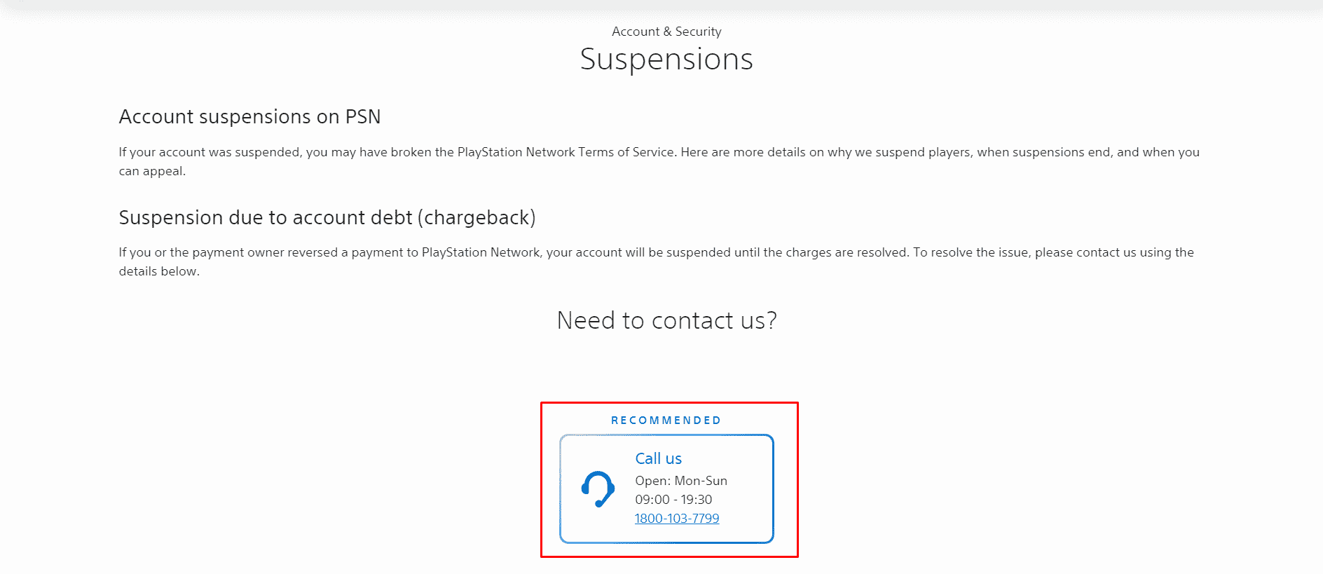 指定されたカスタマー ケア番号に電話する | PSNアカウントの禁止を解除する方法