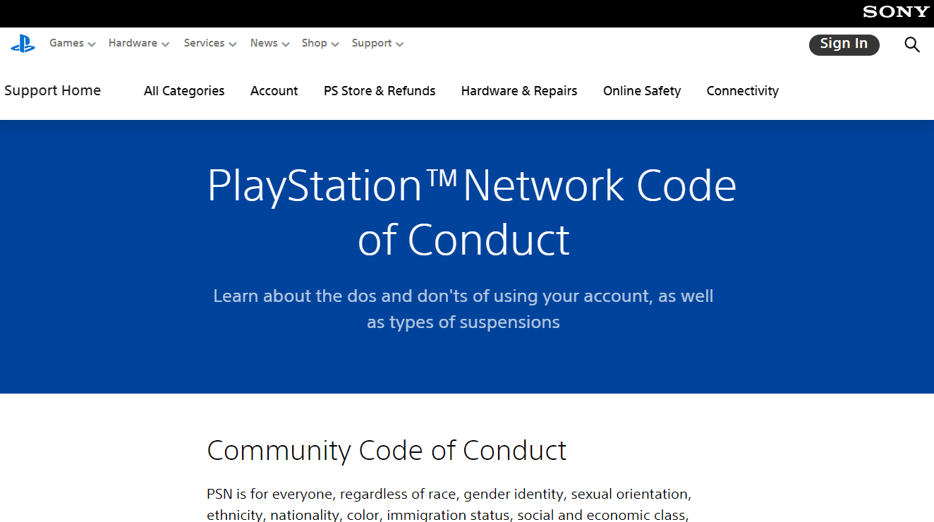 مدونة قواعد سلوك شبكة PlayStation