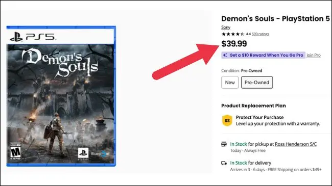 Страница использованного продукта Demon's Souls GameStop