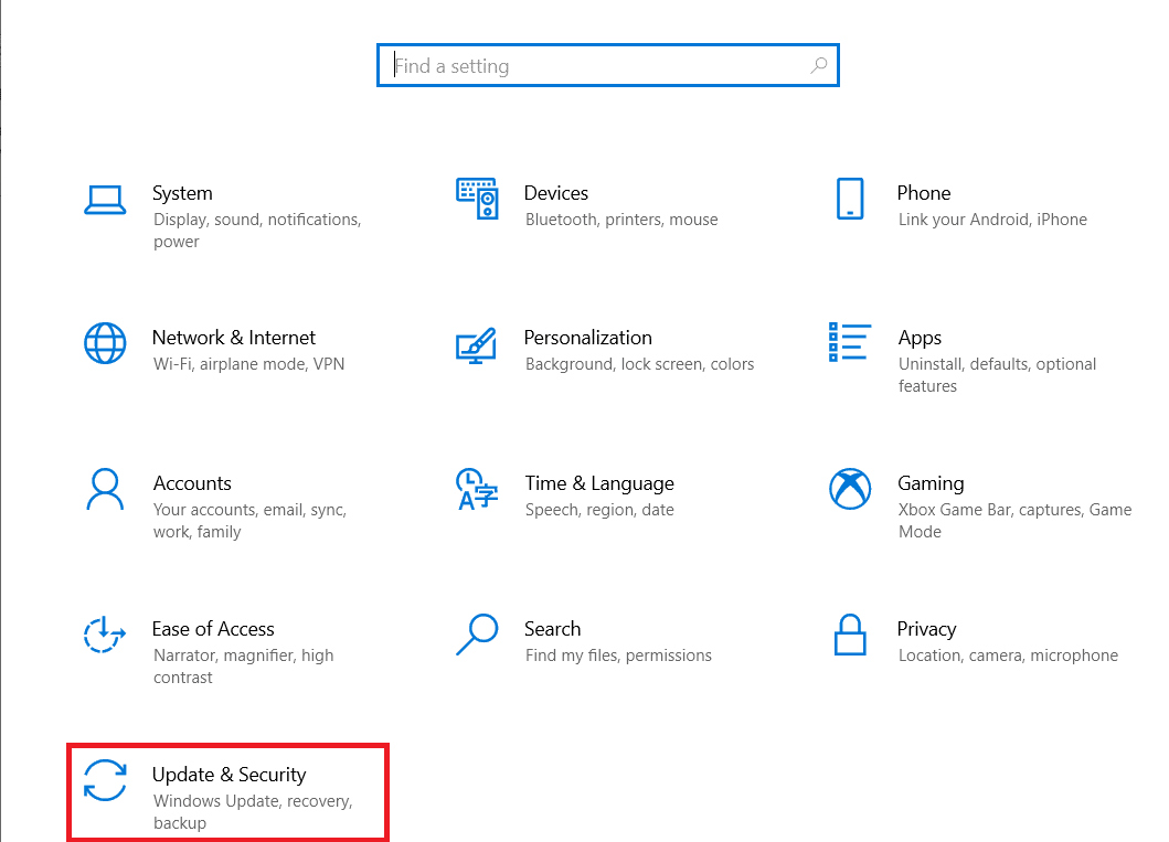 Apri Impostazioni di aggiornamento e sicurezza. Riparare il mio jack per cuffie non funziona in Windows 10