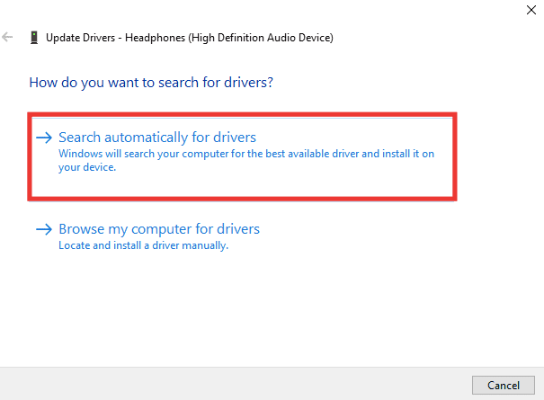 seleziona cerca automaticamente i driver. Riparare il mio jack per cuffie non funziona in Windows 10
