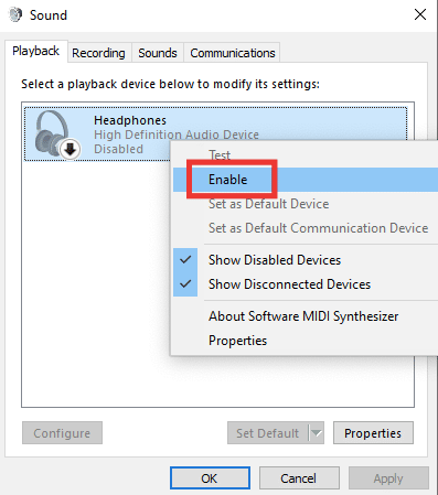seleziona il dispositivo audio, quindi fai clic con il pulsante destro del mouse su di esso e fai clic su abilita