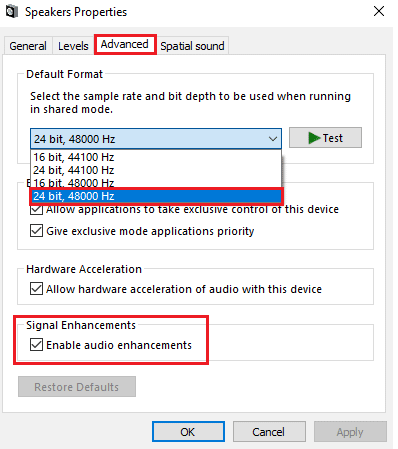 Assurez-vous que l'option Activer les améliorations audio est cochée sous Améliorations du signal. Résoudre le problème de son PUBG sur un PC Windows 10