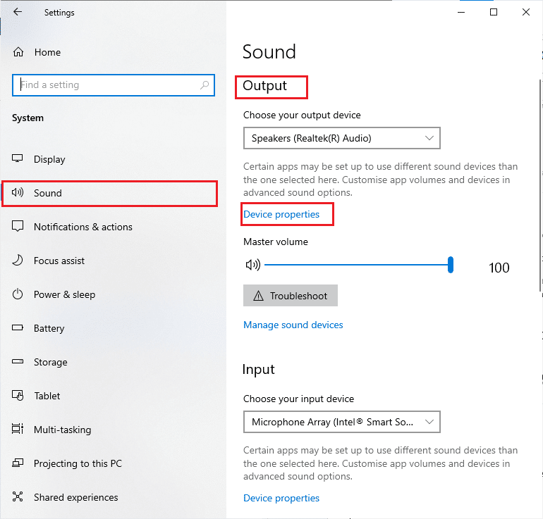 cliquez sur Son et cliquez sur Propriétés du périphérique dans le menu Sortie. Résoudre le problème de son PUBG sur un PC Windows 10