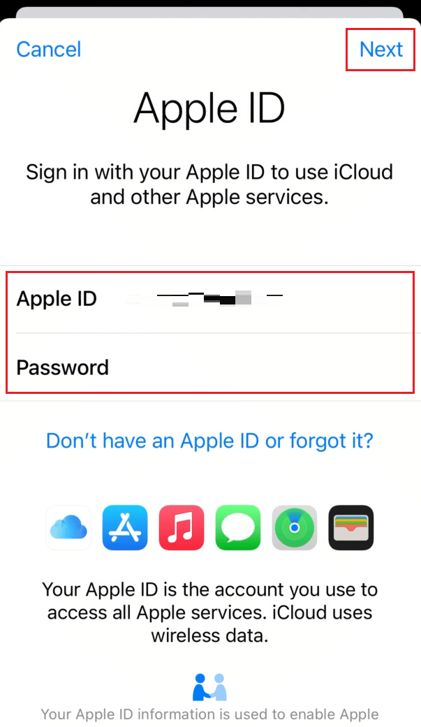 Masukkan ID Apple dan Kata Sandi Anda di bidang masing-masing dan ketuk Berikutnya