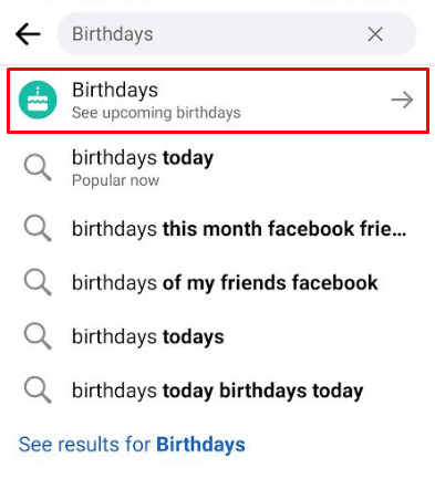 Digita Compleanni e tocca il primo risultato | cosa è successo ai compleanni su Facebook | attiva/disattiva le notifiche di Facebook