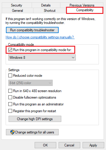 Seleziona la casella per Esegui questo programma in modalità compatibilità per