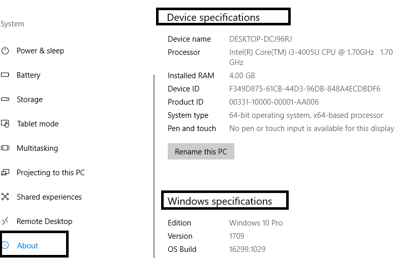 [バージョン情報]をクリックすると、デバイスの仕様を確認できます| Windows10でPCの仕様を確認する