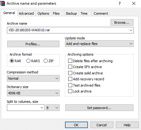 ダイアログボックスが開き、アーカイブ名とパラメータが表示されます。 7-Zip vs WinZip vs WinRAR(最高のファイル圧縮ツール)