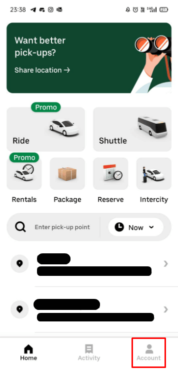 Tocca Account nell'angolo in basso a destra | C'è qualche Uber Free Ride Hack?