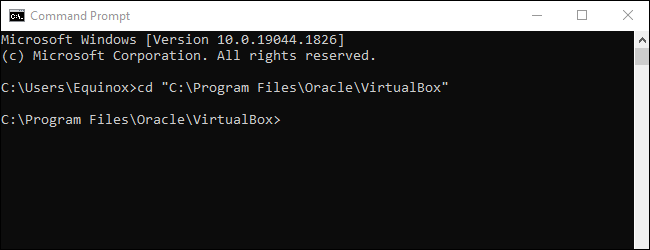 Eingabeaufforderung mit dem Befehlseinstellungsverzeichnis „cd“ in den Virtualbox-Ordner.