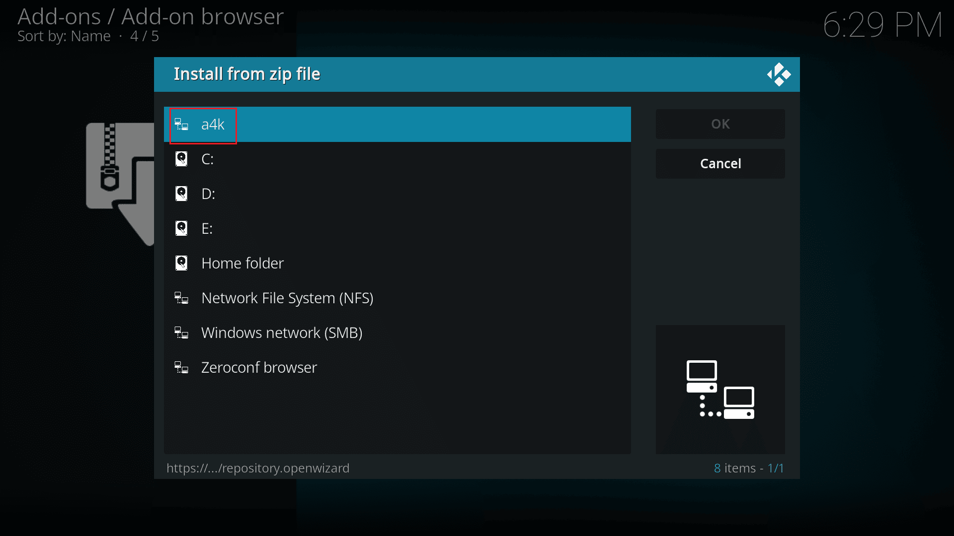 sélectionnez la source a4k. Fix Kodi ne s'ouvrira pas dans Windows 10