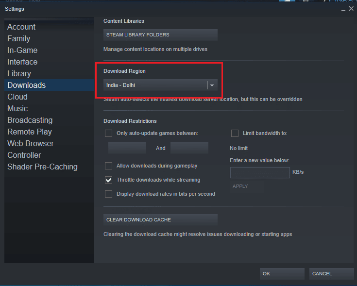 Sous Download Regio, changez la région à un emplacement différent. Correction de l'erreur de téléchargement de la mise à jour CS Go