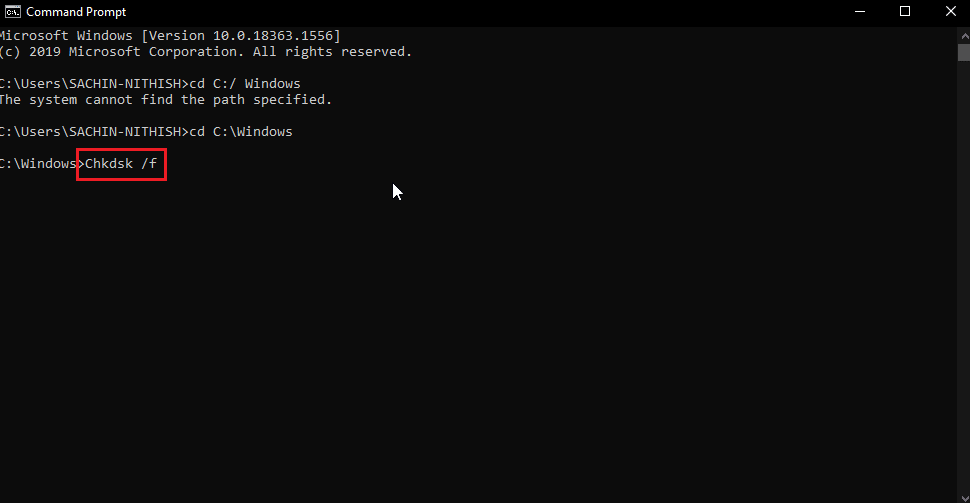 entrez la commande chkdsk f