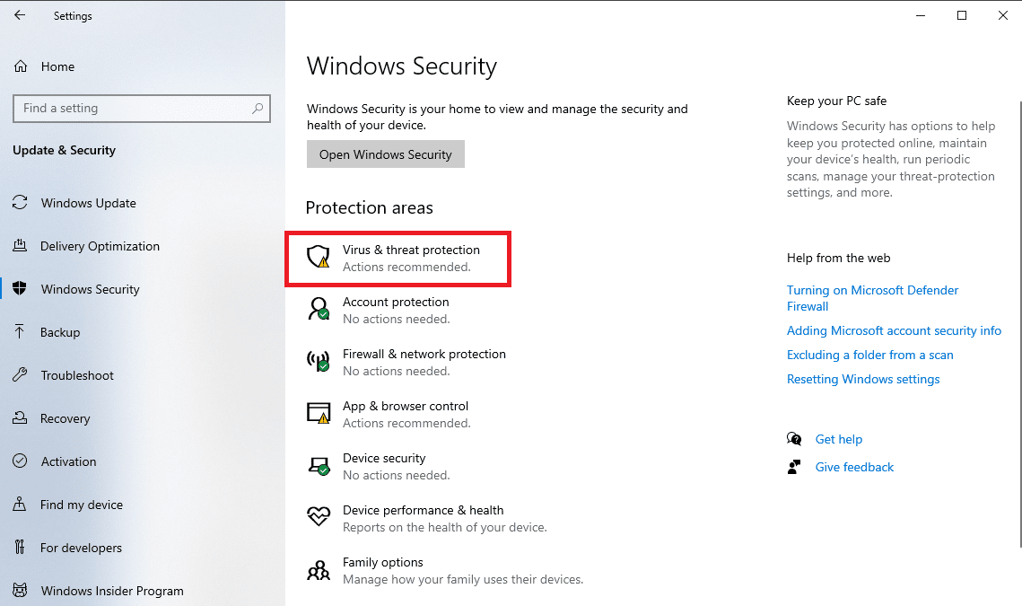 Cliquez sur Protection contre les virus et les menaces. Correction impossible d'afficher le propriétaire actuel