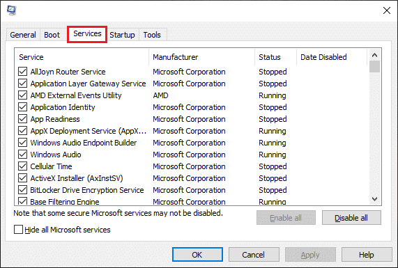 في نافذة System Configuration (تكوين النظام) وانقر فوق علامة التبويب Services (الخدمات). إصلاح خطأ Steam VR 306 في نظام التشغيل Windows 10