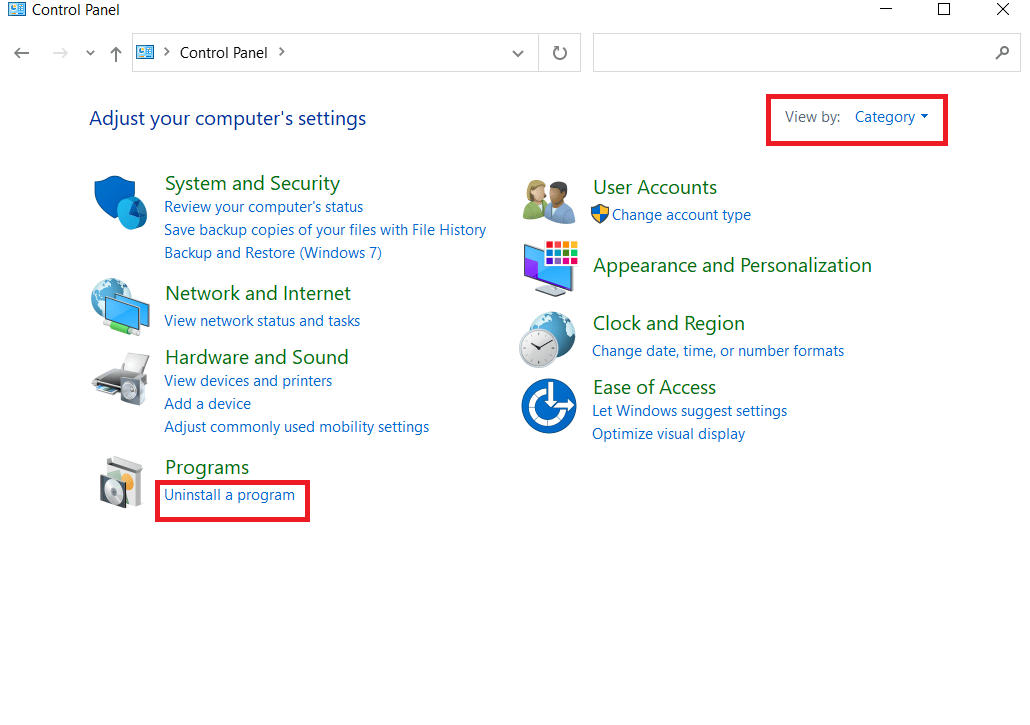 faceți clic pe Dezinstalați un program sub program. Remediați eroarea la aplicarea transformărilor în Windows 10
