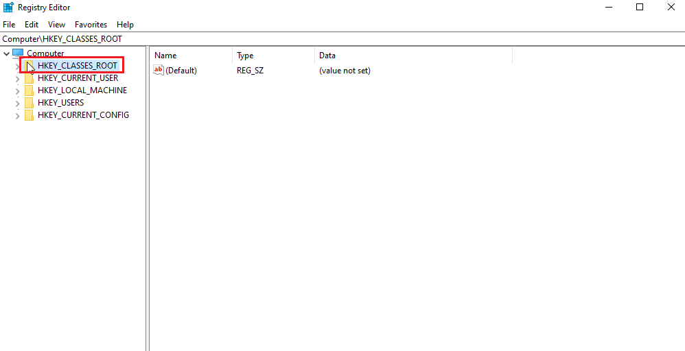 faceți dublu clic pe HKEY CLASSES ROOT. Remediați eroarea la aplicarea transformărilor în Windows 10