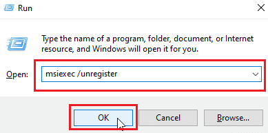 introduceți msiexec unregister pentru a anula înregistrarea programului de instalare Windows și faceți clic pe ok
