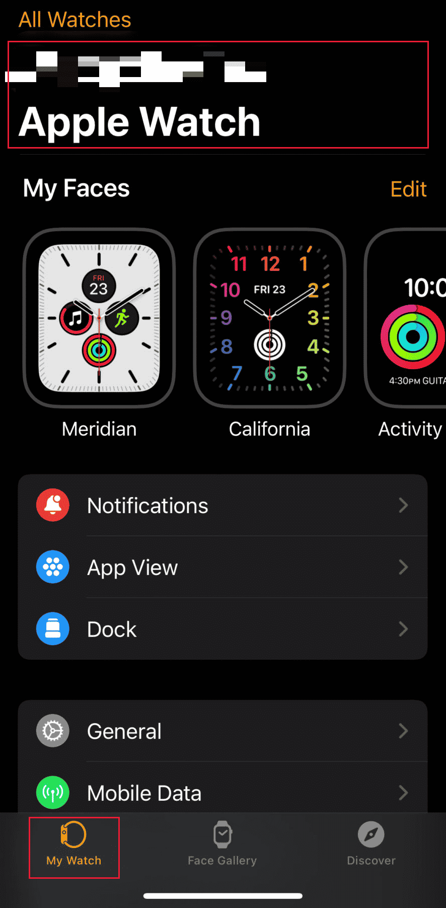Вкладка «Мои часы» — нажмите на Apple Watch.