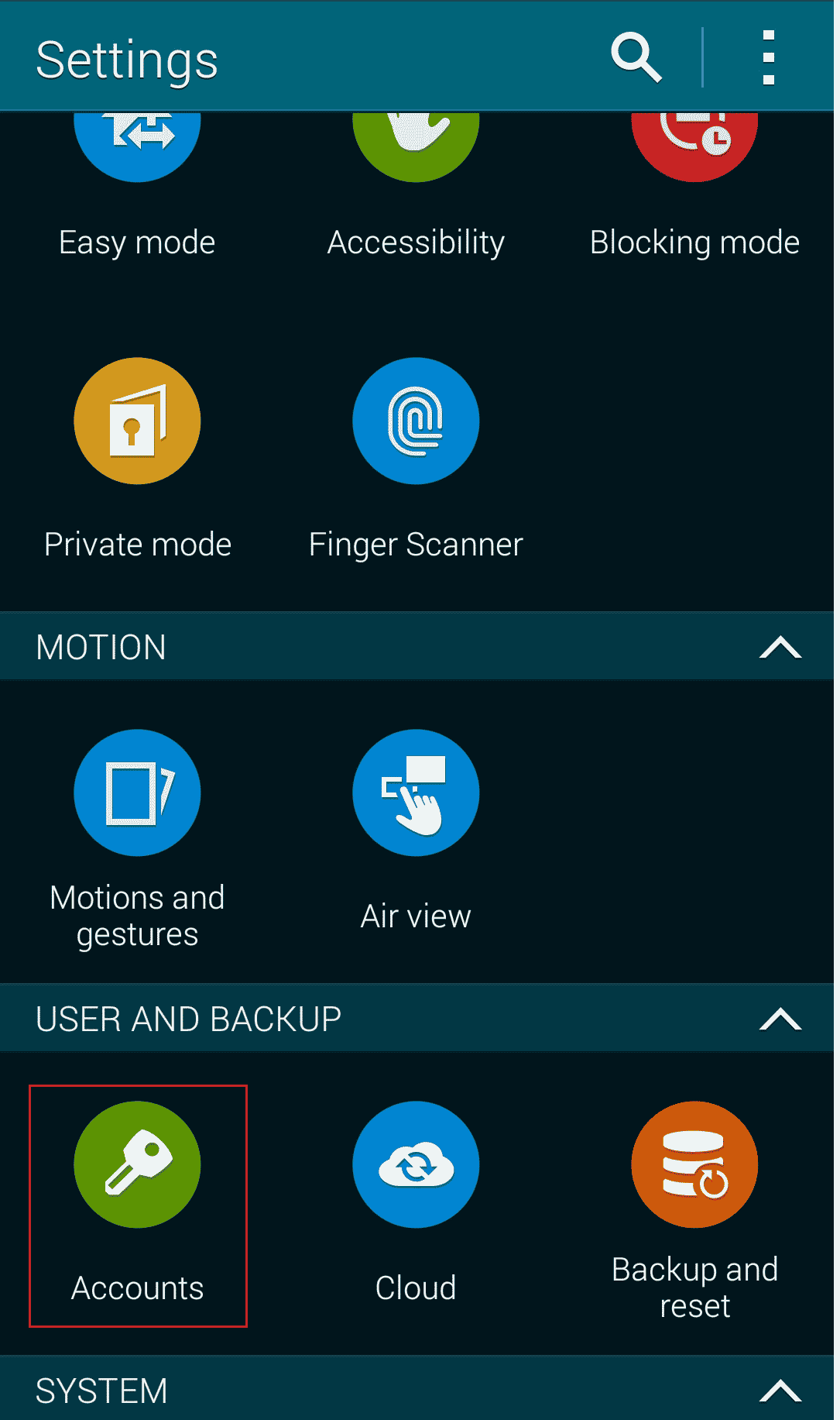Wischen Sie nach unten und tippen Sie im Abschnitt BENUTZER UND SICHERUNG auf Konten | So entfernen Sie Picasa auf dem Samsung Galaxy S5