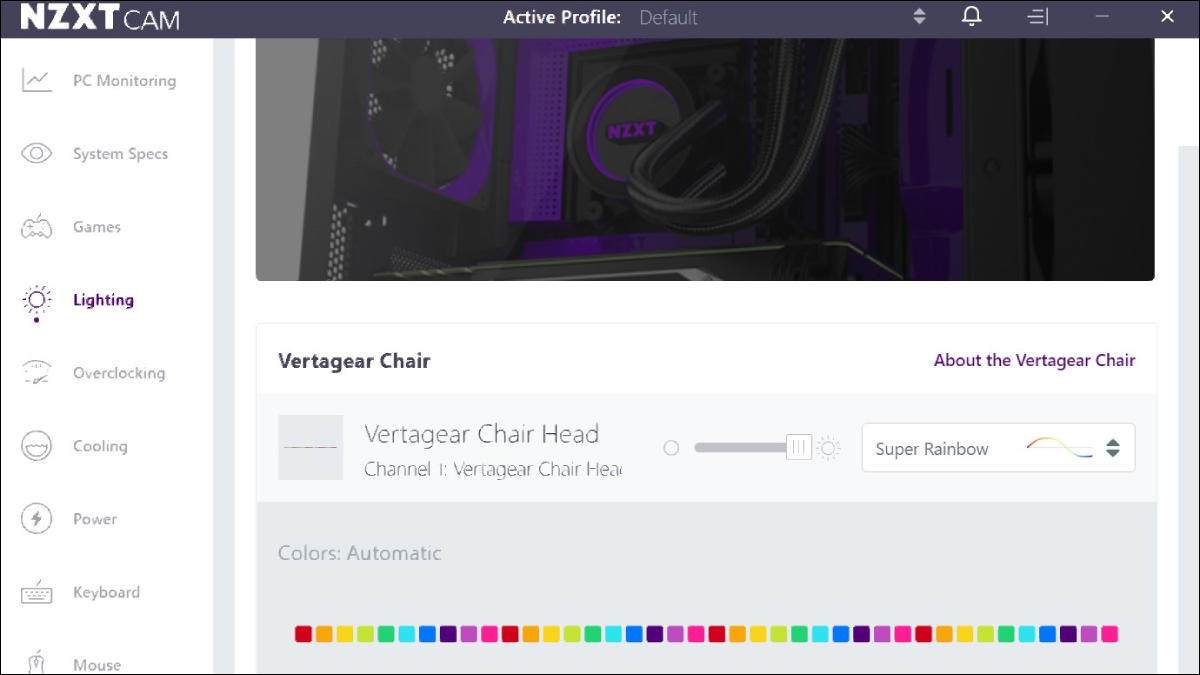 เก้าอี้ Vertagear SL5000 ในซอฟต์แวร์ NZXT CAM