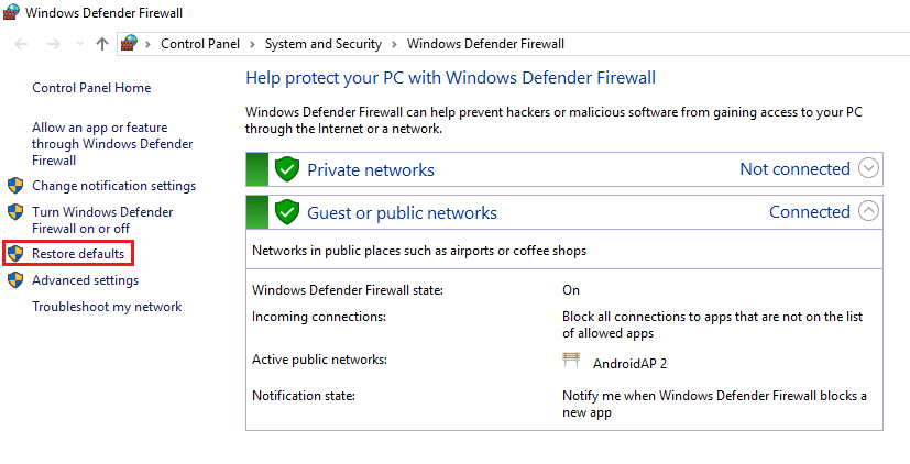 [WindowsDefenderファイアウォール設定]の下の[デフォルトに戻す]をクリックします