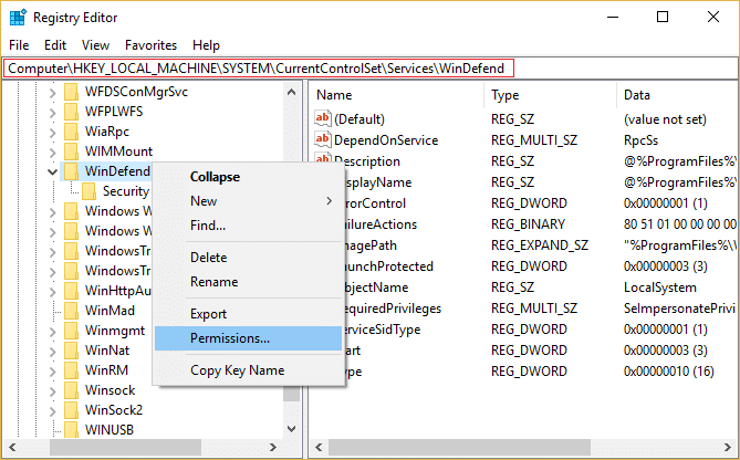 WinDefendレジストリキーを右クリックし、[アクセス許可]、[アクセス許可]の順に選択します。修正Windowsファイアウォールをオンにできない