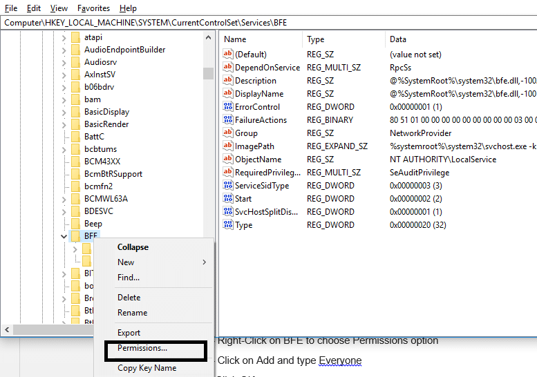 BFEを右クリックして、[アクセス許可]オプションを選択します| WindowsDefenderファイアウォールをアクティブ化できない問題を修正