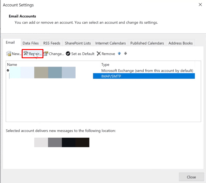 Jetzt müssen Sie auf der Registerkarte E-Mail den Server auswählen, mit dem sich Ihr Outlook verbinden soll, und dann auf die Option Reparieren klicken. | Ausrufezeichen auf Ihrem E-Mail-Symbol